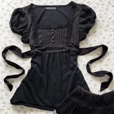 LIZAKOSHT - Gentle Sexy Dark Subculture 2000s T Shirts Summer Gothic Harajuku Aesthetic Short sleeve Femme Slim Girdling Waist Lace T Shirts
