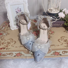 LIZAKOSHT - Pearl Chain Sweet Lace Bowknot Elegant Princess Pointed Sandals Lolita Shoes Silver Wedding Tea Party Cosplay Lolita Shoes