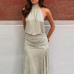 LIZAKOSHT - Elegant Halter Vest Top & Skirt Outfits Women Fashion Stripes Print Long Skirt Suit Casual Sleeveless Draped Irregular Party Set