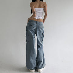 LIZAKOSHT - American Style Pleated Washed Parachute Jeans Women's High Waisted Loose Wide Leg Large Pocket Workwear Pants