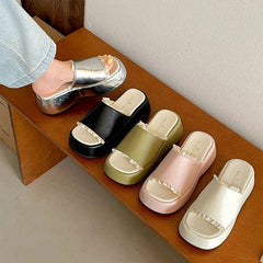 LIZAKOSHT - New Summer Platform Wedges Heel Women Slippers Shoes Concise Open Toe Beach Vacation Dress Slides Zapatos De Mujer