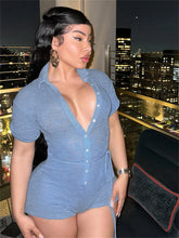 LIZAKOSHT - Summer Fashion Blue Polo Collar Short Sleeve Rompers Club Outfit For Women Single-Breasted Bandage Casual Romper