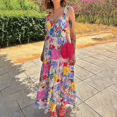LIZAKOSHT - Elegant Floral Print Strap A-line Dress Summer Chic Waist Suspender Beach Dress Women New Tube Tops Sleeveless Long Dress