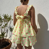 LIZAKOSHT - Spring Print Two Piece Set Women Sexy Square Collar Backless Tie-up Top+Short Outfit Summer Sleeveless Hollow Holiday Beach Suit