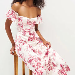 LIZAKOSHT - Women Flower Print Slash Shoulder Midi Chiffon Dress Spliced Ruffles Hem Short Sleeve Robe Holiday Retro French Style