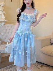 LIZAKOSHT - French Sweet Elegant Holiday Dress Women Chic Y2k Blue Casual Long Dress Japanese Fashion Vintage Kawaii Beach Style Outfits New