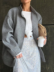 LIZAKOSHT - Women Thick Street Wear Lining Outerwear Female Long Sleeve Button Patchwork Coats Big Pockets Casual Solid Grey Jackets