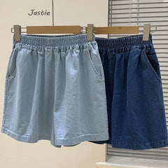 LIZAKOSHT - Casual Denim Shorts For Women's Summer 2024 New Cotton Elastic Waist Pocket Versatile Homewear Outwear Wide Leg Shorts