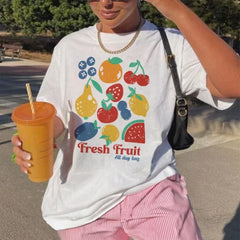 LIZAKOSHT  -  Cartoon Fruit Print T Shirt Cute Y2k Aesthetic T-Shirt Short Sleeve Loose Streetwear Graphic Tees Women Retro Fashion Female Top