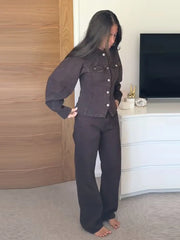 LIZAKOSHT  -  Solid Color Denim Jacket Pants Woman Set Lapel Waist Cinched Jackets Lace Up High Waist Trousers Casual Street Women's New Suits