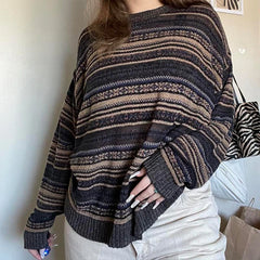 LIZAKOSHT - 00s Cottage Grunge Striped Knitted Sweater Autumn O Neck Long Sleeve Knitwears Preppy Style Vintage Y2K Baggy Pullovers Women