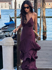 LIZAKOSHT - Sexy Solid Ruffles Sling Dress Women Sleeveless Backless Empire V-neck Long Party Dresses Female Spring Chic Lady A-line Robes