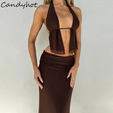 LIZAKOSHT - Sexy Halter Backless Bandage Hollow Out Tops and Slim Mesh Maxi Skirt Y2K Summer Fashion Evening Women 2 Pieces Set