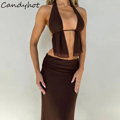 LIZAKOSHT - Sexy Halter Backless Bandage Hollow Out Tops and Slim Mesh Maxi Skirt Y2K Summer Fashion Evening Women 2 Pieces Set