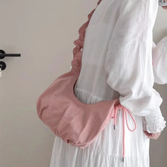 LIZAKOSHT - Pink Fashion Womens Shoulder Bag Pleated Korean Style Solid Color Nylon Casual Hobos Bag Sweet Elegant Advanced Handbag