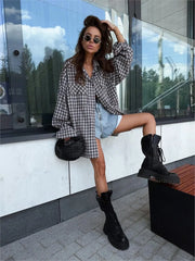 Lizakosht Classic Plaid Pocket Shirts Tops Spring Autumn Button Up Long Sleeve Turndown Collar Loose Long Blouse Vintage Casual Outerwear