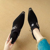 LIZAKOSHT - New Women HIgh Heeled Naked Boots/Booties,Ankle Botas Pointed Toe,Front Buckle Strap.Side Zip,Brown,Black,Dropship