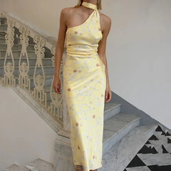 LIZAKOSHT - Women Casual Slim Party Dress High Street Ribbon Buckle Halter Formal Dress Female Elegant Printed Diagonal Collar Long Dress