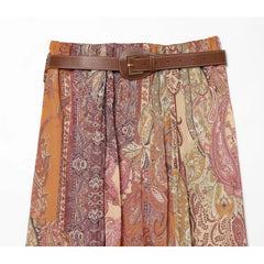 LIZAKOSHT - Women's Printed Midi Skirt with Belt New Spring Summer Casual Elastic Waist A-Line Elegant Lady Skirts Female Chic Skirts