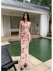 LIZAKOSHT - 2024 Pink Floral Black Butterfly Flutter Dress Elegant Slim Fishtail Sheath Dress