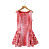 LIZAKOSHT - Sexy Red Gingham Plaid Mini Sleeveless Dress Women Bow O Neck Zipper Back Low Waist Ruched Hem Swing Tank Dresses Vestidos Black