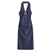 LIZAKOSHT - Denim Dress Summer 2025 New Fashion Slim V-neck Hanging Neck Elegant Long Dress Women Street Holiday Chic Youth Party Dress