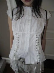 LIZAKOSHT - Casual Sweet White Slim Lace T-Shirts Designer Patchwork Hot Girl O-neck Sleeveless Tees Women Vintage Kawaii Fashion Shirt