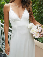 LIZAKOSHT - White Lace Trim Dress Women Summer Off Shoulder Backless Spaghetti Strap Dress Sexy Elegant Ruffles Pleated Holiday Long Dresses