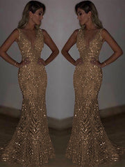 LIZAKOSHT  -  Deep V Gold Sequin Dress Sleeveless Hollow Out Halter Lace Party Gown Sexy Backless Waist Cinched Slim Fit Fishtail Long Dresses