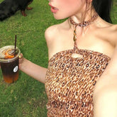 LIZAKOSHT - Chic American Outdoor Vintage Halter Sleeveless Tank Tops Y2k Aesthetic Harajuku Leopard Print Sexy Camisole Summer Punk Tops