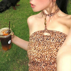 LIZAKOSHT - Chic American Outdoor Vintage Halter Sleeveless Tank Tops Y2k Aesthetic Harajuku Leopard Print Sexy Camisole Summer Punk Tops