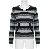 LIZAKOSHT - Aesthetic Striped Knitted Hooded Sweaterwith Pockets Autumn Casual Long Sleeve Pullovers Tops 90s Cyber Grunge Vintage Jumpers