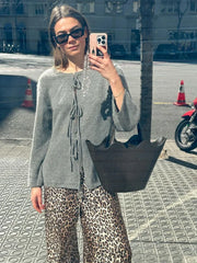 LIZAKOSHT - Grey Knitted Women Cardigan Sweater Casual O Neck Lace Up Long Sleeve Hollow Out Female Loose Coats New Autumn Lady Outwear