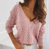 LIZAKOSHT - Women's Solid Color Hollow V-neck Knitted Sweater Pullover Top