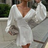 LIZAKOSHT  -  Long Sleeve V-neck  Fashion A-line Mini Dress Women Autumn Winter High Waist Slim Patchwork White Club Party Dress