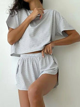 LIZAKOSHT - Two-piece Suit New in Fashionable Elegant Stripe O-neck Shorts Sleeve Tops High Waist Side Slit Commuting Women's Clothing