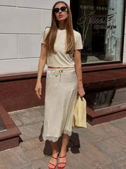 LIZAKOSHT - Lace Side Sexy Skirt For Women Elegant Lace-up Slim Fashion Solid Color High Waist Patchwork Female Long Skirt 2025