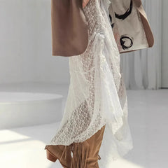 LIZAKOSHT - Sexy and Transparent White Lace Set for Women 2025 Summer Niche Long Sleeve Dress Set