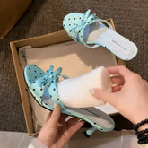 LIZAKOSHT - Street Style Satin Butterfly-knot Women Slippers Fashion Polka Dot Thick Heels Party Dress Slide Ladies Summer Polka Dot Shoes