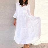 LIZAKOSHT  -  Sexy V-neck Flared Sleeve Loose Long Dress Fashion Button Pleated Solid Maxi Dress Spring Autumn Casual Cotton Linen Party Dress