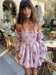 LIZAKOSHT Floral Printed Pink Satin Short Summer Dress Women Spring Off Shoulder Boho Party Beach Vestidos Long Sleeve Sundress