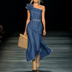 LIZAKOSHT - Summer Denim Dress Elegant Off-shoulder Denim 3D Floral Long Skirt Slim Fit High Waist Sleeveless Jeans Dresses for Women 2025