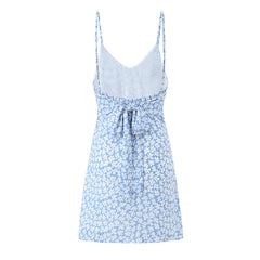 LIZAKOSHT - Sexy Light Blue Floral Print V Collar Sling Mini Dress Women Backless Tie Bow Sashes Back A-Line Dresses Femme Vestidos Robe