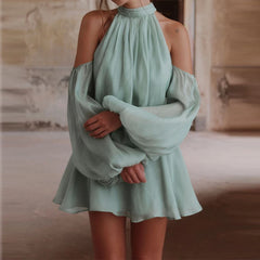 LIZAKOSHT - Sexy Hang Neck Flared Sleeve Beach Holiday Dress Elegant Solid Irregular High Waist Dress Temperament Pleated Off Shoulder Dress