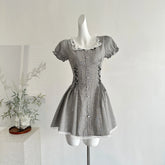 LIZAKOSHT - French Retro Plaid Shirt Dress Women Summer Waist Slim Fit Dress with Lace Doll Collar Puff Sleeves Ruffle Hem Vintage Sweet New
