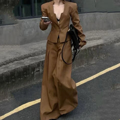 LIZAKOSHT  -  Striped Pants Short Blazer Outerwear 2025 New Brown V-Neck Loose Buttoned Split-Joint Wide Leg Trousers Female Clothin