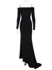 LIZAKOSHT - Women Elegant Sexy Mermaid Maxi Evening Party Dress Off Shoulder Full Sleeve Backless Asymmetrical Birthday Long Robe Vestidos
