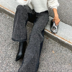 Lizakosht Black Jeans for Women Diamond baggy Pants high waist wide legged straight leg Y2k Autumn/Winter Women's Streetwear Clothes