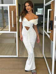 LIZAKOSHT - Hollow Out V-Neck Drawstring Maxi Dress Female Bandage Patchwork High Waist Lace-Up Party Dress Ladies White Party Dress