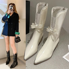 LIZAKOSHT - Autumn Women Designer Bowknot Front Opening Mid-calf Boots Fashion Pointed Toe Ladies Short Boot Square Low Heel Casual Boots